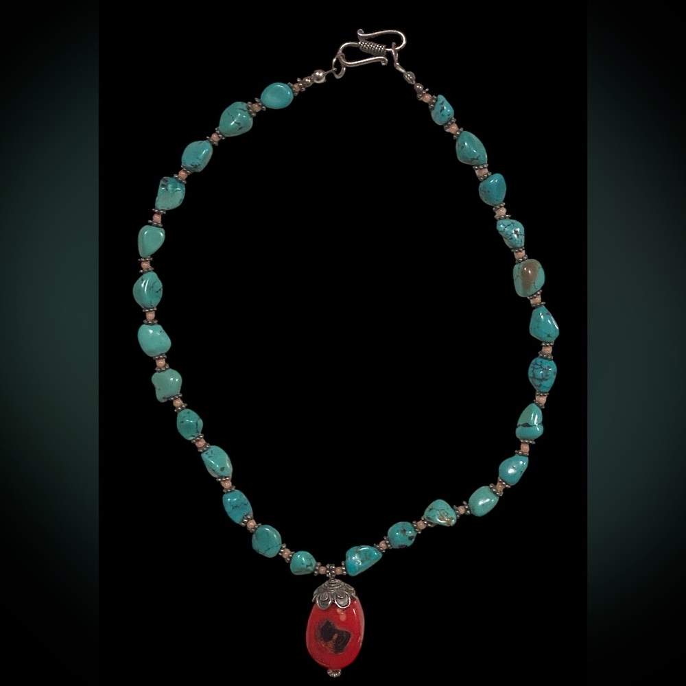 Turquoise Sterling Silver Coral Bead Necklace #9483 💎 SALE